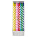 Bright Party Candles in clear packaging with 24 colorful birthday candles featuring white spiral stripes and candle holders.