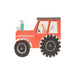 On The Farm Tractor Napkins shaped like a red tractor with black wheels, silver foil accents, and a chicken driver on a white background.
