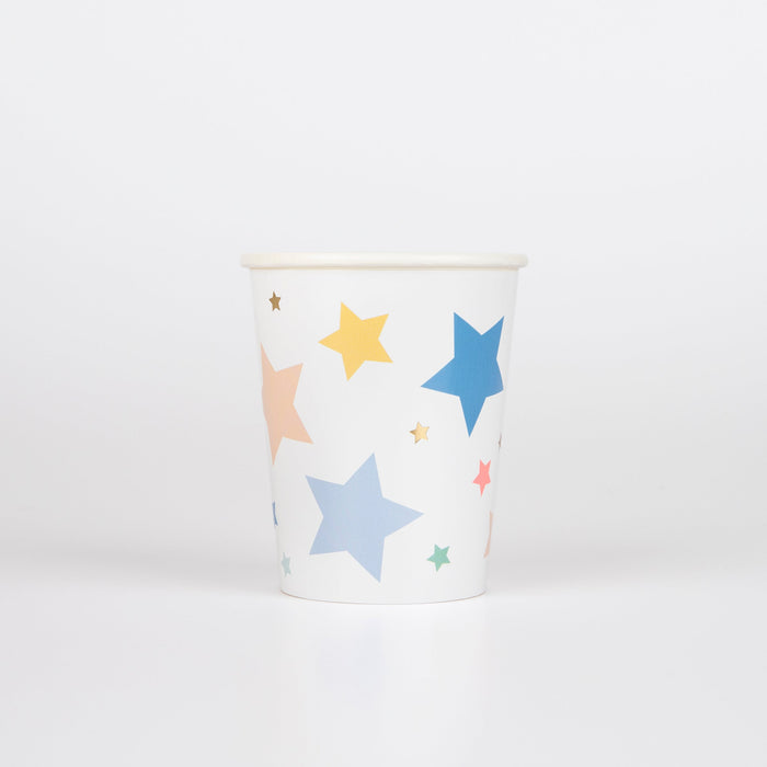 Happy Birthday Stars paper cup with colorful blue, yellow, peach, mint, coral, and gold stars on a white background.