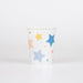 Happy Birthday Stars paper cup with colorful blue, yellow, peach, mint, coral, and gold stars on a white background.