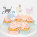 Cute Kittens Cupcake Kit with pastel striped cupcake cases and assorted illustrated kitten toppers on cupcakes with pink frosting.