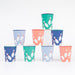 Bowling paper cups in assorted colors with white bowling pin patterns.