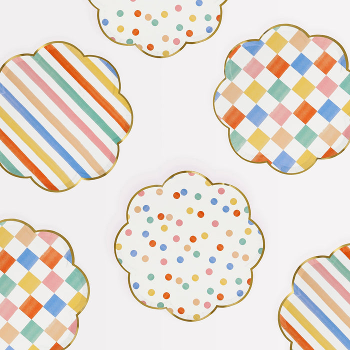 Colorful Pattern Side Plates with scalloped edges, gold trim, and assorted striped, polka dot, and checkered designs in bright multicolor shades.