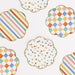 Colorful Pattern Side Plates with scalloped edges, gold trim, and assorted striped, polka dot, and checkered designs in bright multicolor shades.