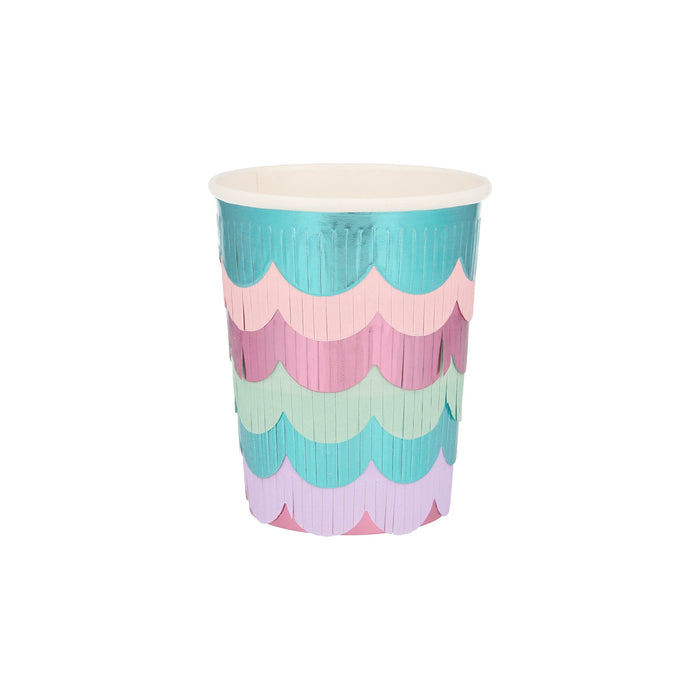 Mermaid Scalloped Fringe Cup with layered metallic teal, pink, lavender, and mint scalloped fringe on a white background.
