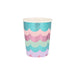 Mermaid Scalloped Fringe Cup with layered metallic teal, pink, lavender, and mint scalloped fringe on a white background.