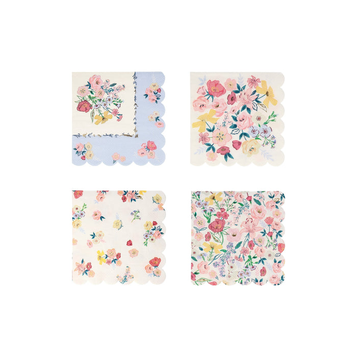 English Garden Small Napkins with assorted floral prints in pink, yellow, blue, and green tones and scalloped edges on a white background.