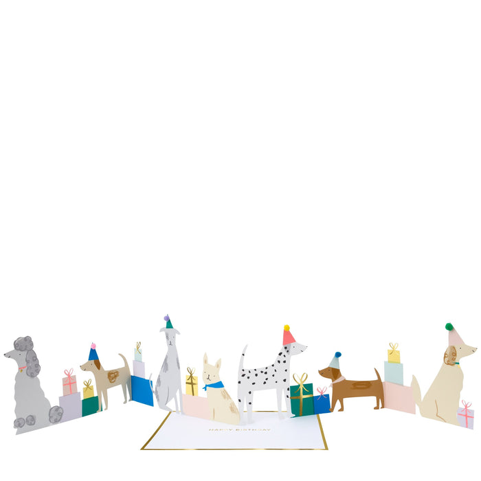Puppy Party Concertina Card with a fold-out row of illustrated dogs wearing party hats and surrounded by colorful presents.
