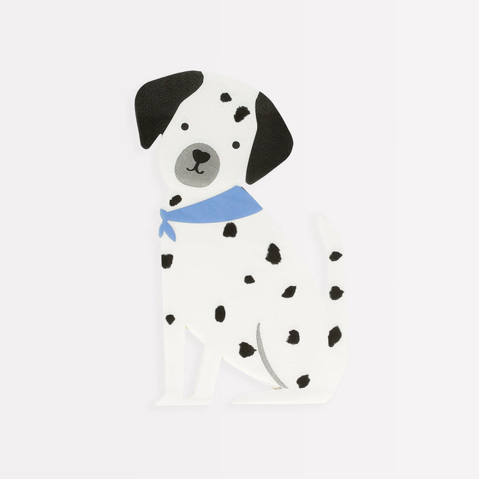 Puppy Napkins shaped like a white spotted dog with black ears, black spots, a blue collar, and a sweet face on a white background.