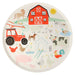 On The Farm Dinner Plate with illustrated red barn, tractor, horse, sheep, cow, pig, chickens, ducks, and farm animals on a white background.