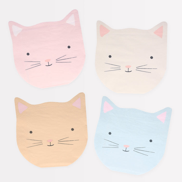 Cute Kitten Napkins in assorted pastel cat face designs with ears, whiskers, black eyes, and pink noses on a white background.