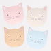 Cute Kitten Napkins in assorted pastel cat face designs with ears, whiskers, black eyes, and pink noses on a white background.