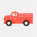 Fire truck shaped napkin with red engine design, black wheels, silver accents, “Engine No. 1” text, and a spotted fire dog in the window.