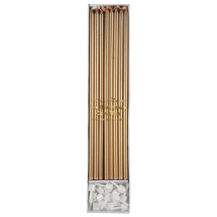Gold Long Candles in clear packaging with 16 tall metallic gold birthday candles and white candle holders.