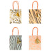 Safari animal print party bags with leopard, tiger, zebra, and giraffe patterns, orange handles, and gold tassel accents.