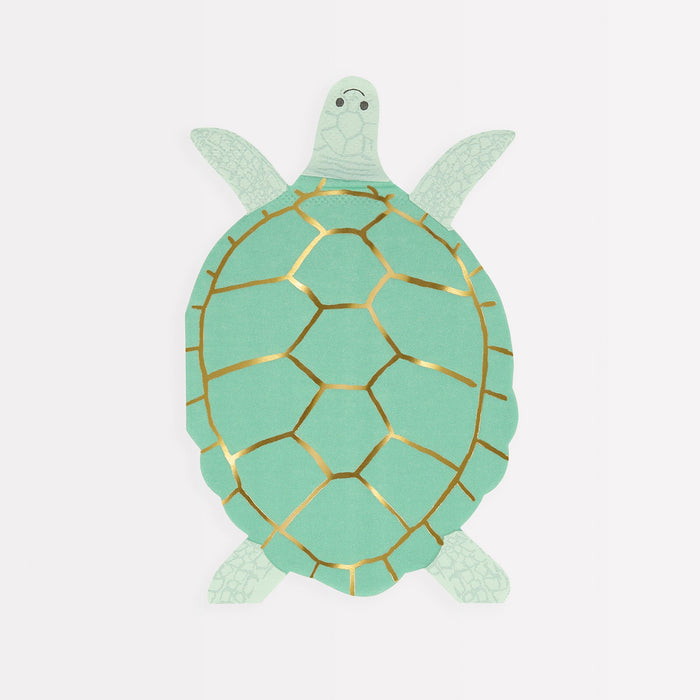 Turtle Napkins shaped like a mint green sea turtle with gold shell details and soft patterned flippers on a white background.