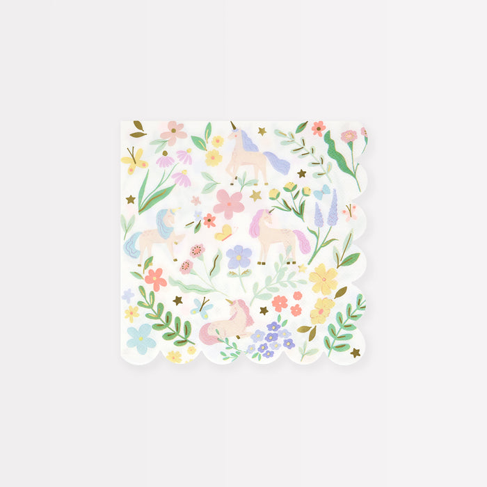 Meadow Unicorns Small Napkin with pastel unicorns, colorful flowers, butterflies, greenery, gold stars, and scalloped edges.
