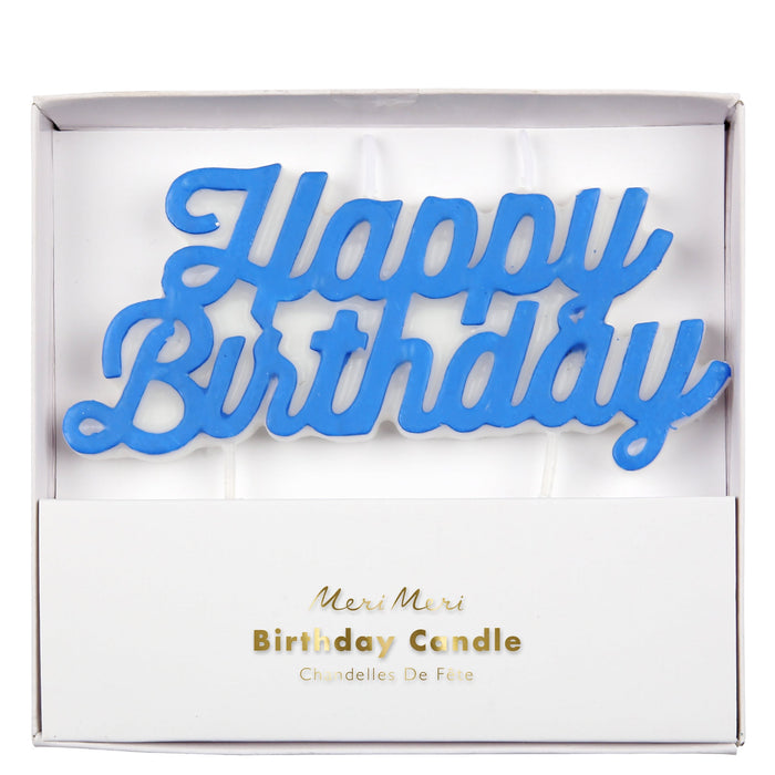 Blue Happy Birthday Candle in white packaging with bright blue script lettering mounted on clear cake picks.