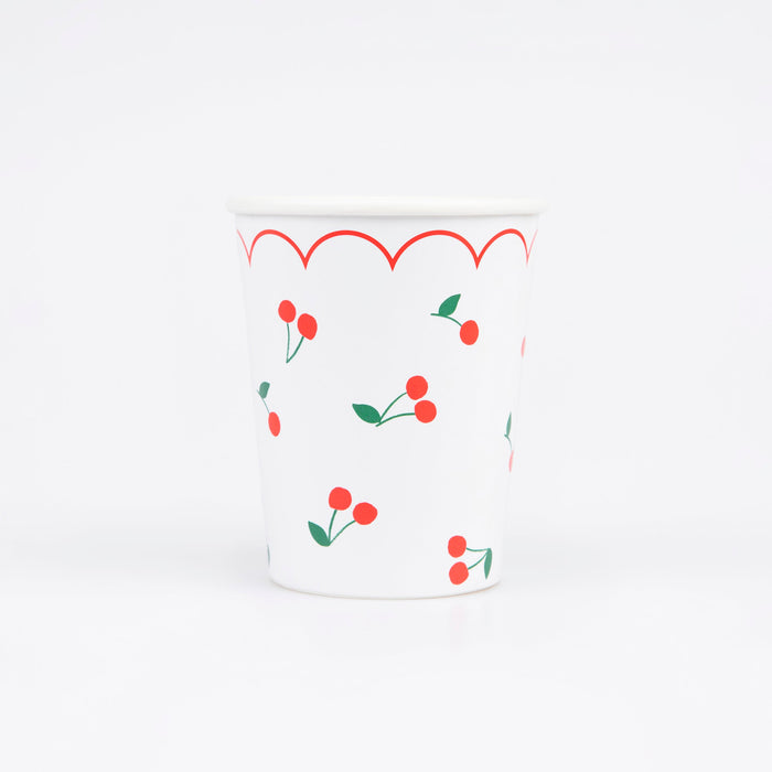 Cherry Pattern paper cup with red cherries, green leaves, and red scalloped border on a white background.
