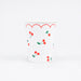 Cherry Pattern paper cup with red cherries, green leaves, and red scalloped border on a white background.