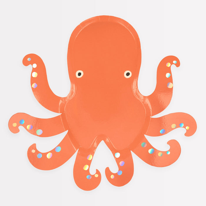 Octopus Plate shaped like a bright orange octopus with curling tentacles, cute eyes, and shiny iridescent dot accents on a white background.