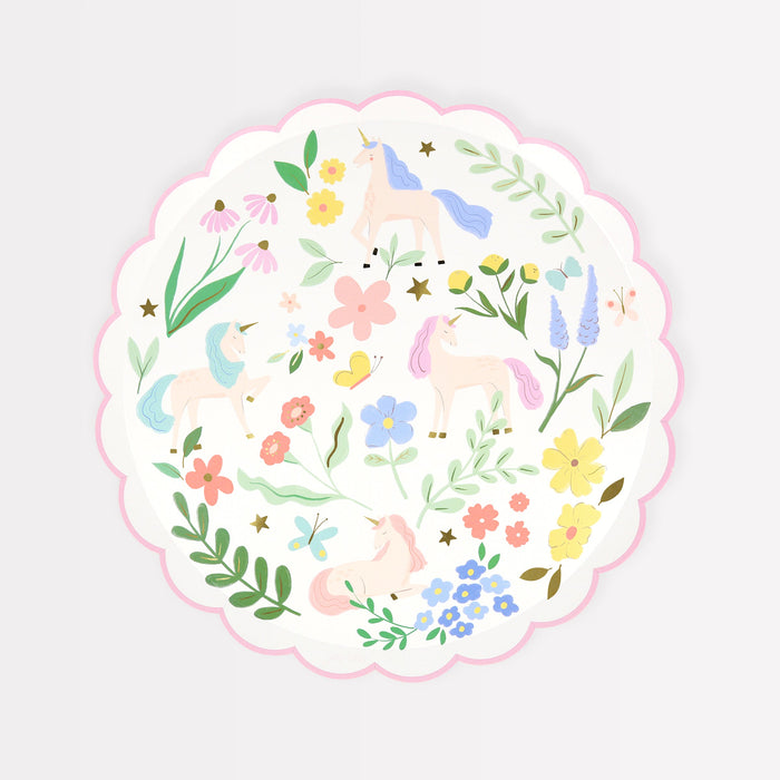 Meadow Unicorns Side Plate with pastel unicorns, colorful flowers, butterflies, greenery, gold stars, and a scalloped pink edge.
