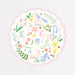 Meadow Unicorns Side Plate with pastel unicorns, colorful flowers, butterflies, greenery, gold stars, and a scalloped pink edge.
