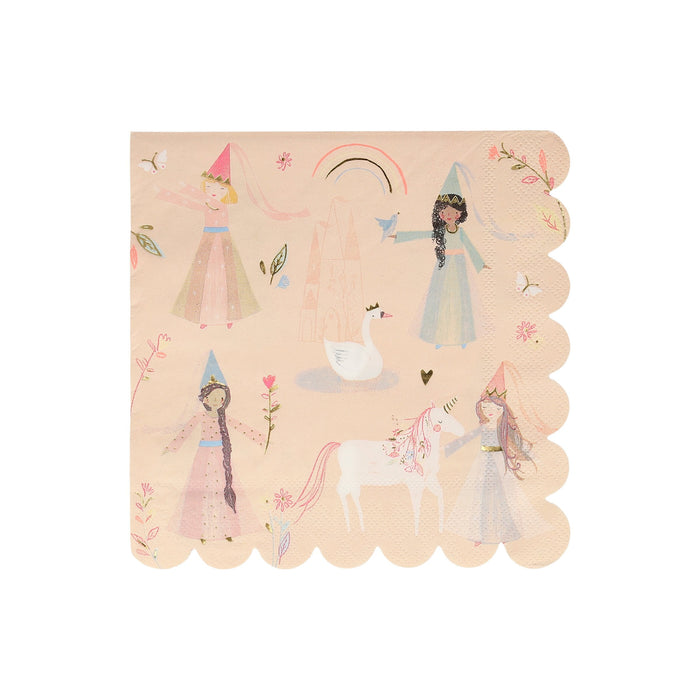 Princess large napkin with pastel princess illustrations, unicorn, swan, castle, rainbow, flowers, butterflies, and scalloped edges on a soft peach background.