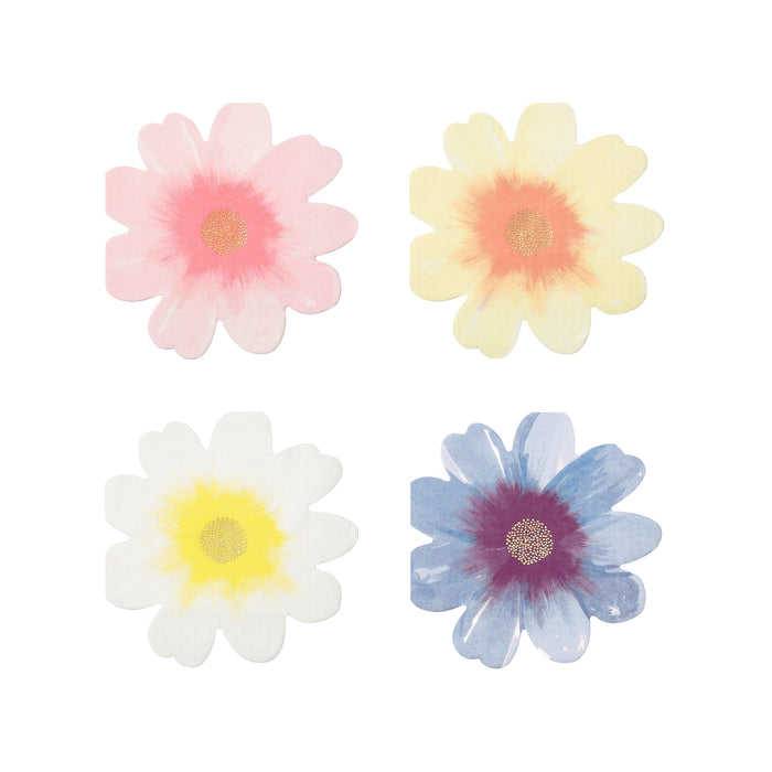 Flower Garden Napkins in assorted pink, yellow, white, and blue flower shapes with watercolor-style centers and gold details on a white background.