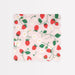 Strawberry pattern large napkins with red strawberries, white flowers, green vines, and scalloped edges on a pink background.