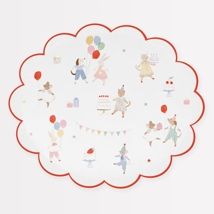 Animal Friends dinner plates with scalloped red border, illustrated animals, balloons, cakes, gifts, and party details.