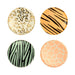 Safari animal print side plates with leopard spots, tiger stripes, zebra stripes, and giraffe print designs on round paper plates.