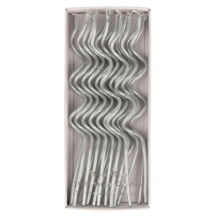 Silver Swirly Candles in clear packaging with 20 long metallic silver wavy birthday candles.