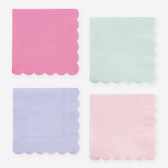 Small Multicolor Paper Napkins in bright pink, mint, lavender, and pale pink with scalloped edges arranged on a white background.