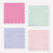 Small Multicolor Paper Napkins in bright pink, mint, lavender, and pale pink with scalloped edges arranged on a white background.