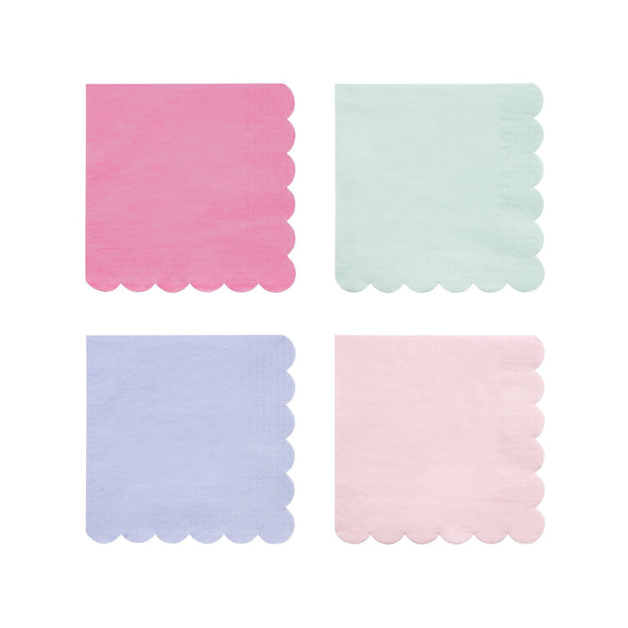 Large Multicolor Paper Napkins with scalloped edges in assorted pink, mint, lavender, and pale pink colors on a white background.