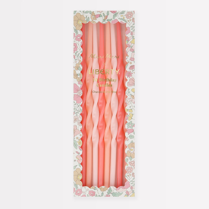 Assorted Pink Twisted Party Candles in pink, peach, coral, and blush tones displayed in a floral Liberty-style box.