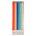 Multi Neon Twisted Candles in clear packaging with assorted spiral birthday candles in bright red, orange, yellow, blue, green, silver, and soft pink.