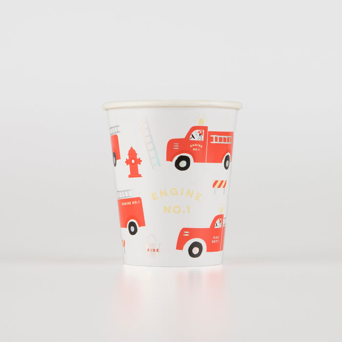 White 9-ounce fire truck paper cup with red fire trucks, hydrants, ladders, fire buckets, and “Engine No. 1” details.