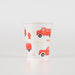 White 9-ounce fire truck paper cup with red fire trucks, hydrants, ladders, fire buckets, and “Engine No. 1” details.