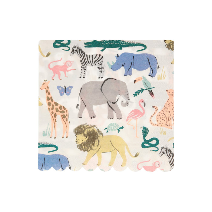 Safari animals large napkin with illustrated giraffe, elephant, lion, zebra, rhino, crocodile, flamingo, monkey, snake, turtle, and bird designs.