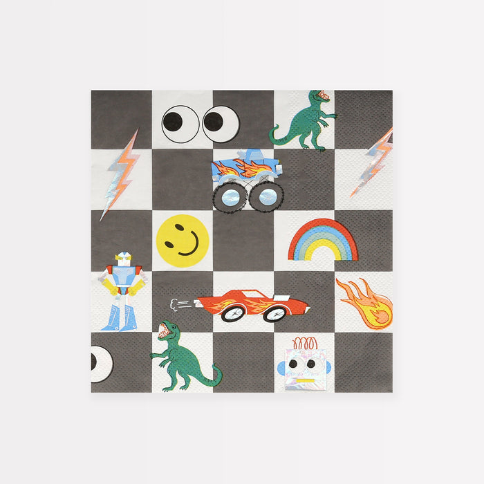 Toybox Icon large napkins with black-and-white checkerboard pattern, robots, dinosaurs, monster trucks, race cars, rainbows, and smiley faces.