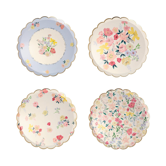 English Garden Side Plates with assorted floral patterns, scalloped edges, pastel backgrounds, and gold trim.
