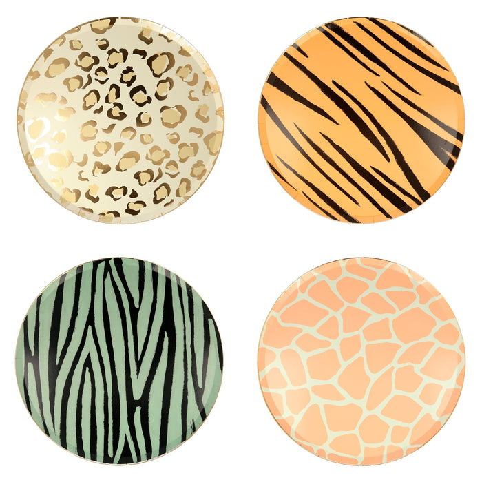 Safari animal print dinner plates with leopard spots, tiger stripes, zebra stripes, and giraffe print designs on round paper plates.
