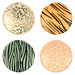 Safari animal print dinner plates with leopard spots, tiger stripes, zebra stripes, and giraffe print designs on round paper plates.