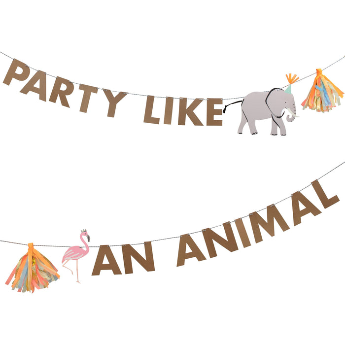 Safari Animals large garland set with “Party Like An Animal” brown lettering, elephant and flamingo cutouts, and colorful tassel accents.