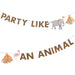 Safari Animals large garland set with “Party Like An Animal” brown lettering, elephant and flamingo cutouts, and colorful tassel accents.