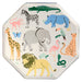 Safari animals dinner plate with illustrated giraffe, elephant, lion, zebra, rhino, crocodile, flamingo, monkey, snake, turtle, bird, and silver border.