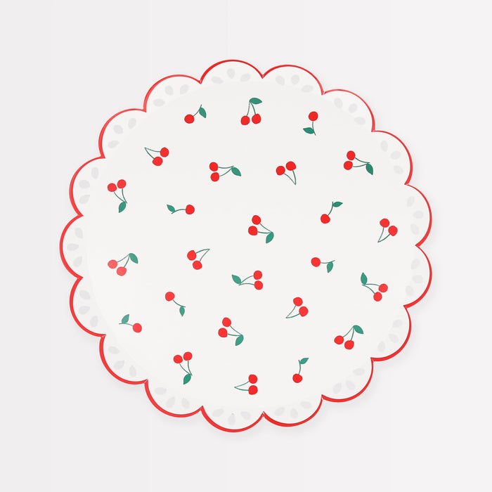 Cherry Pattern side plate with red cherries, green leaves, scalloped red border, and delicate edge details.