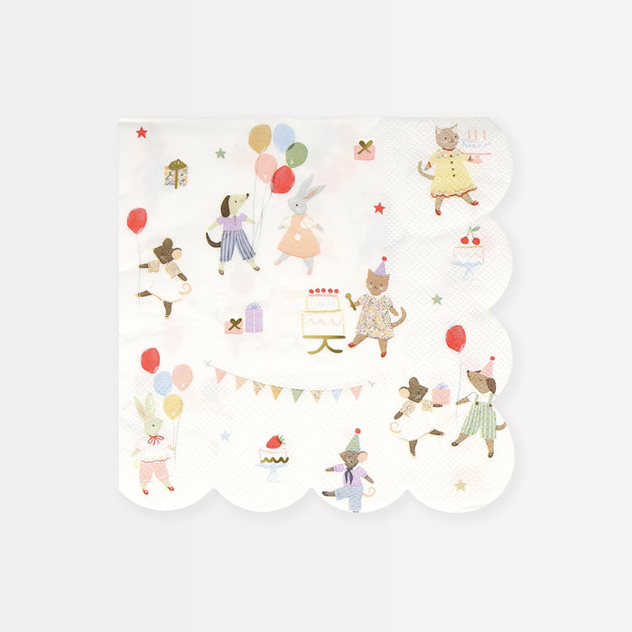 Animal Friends large napkins with illustrated animals, balloons, cakes, gifts, bunting, and scalloped edges.